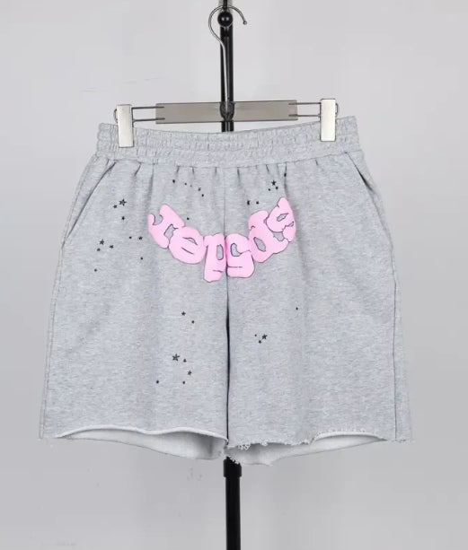 grey and pink sp5der shorts